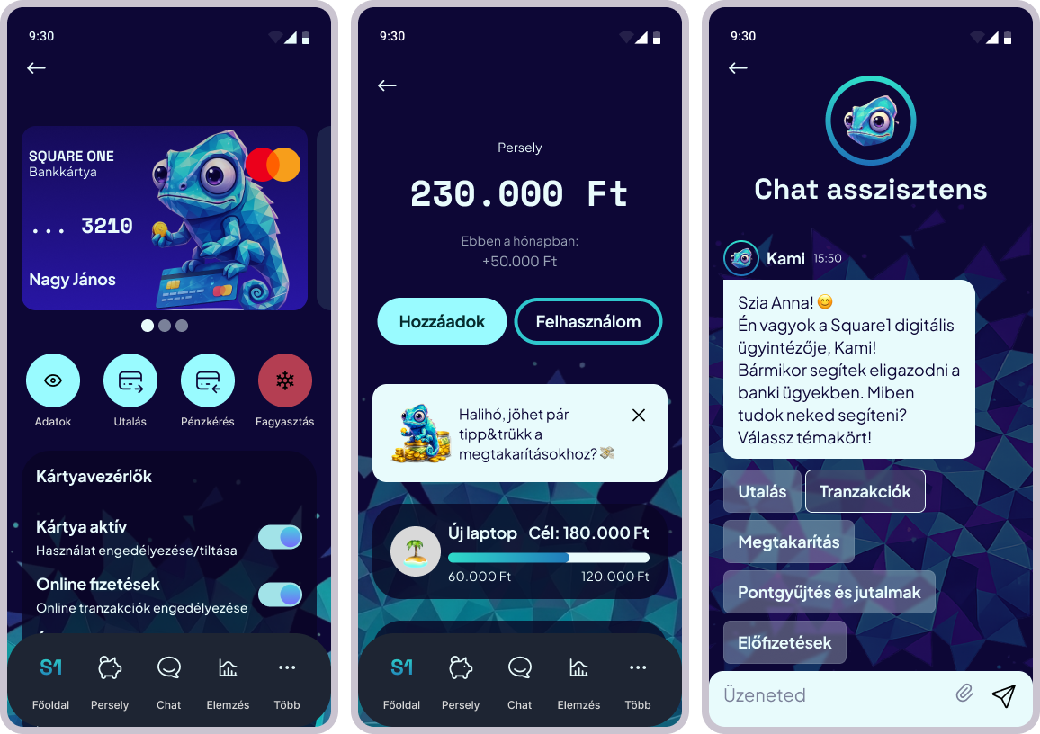 Card management, savings jar, chat